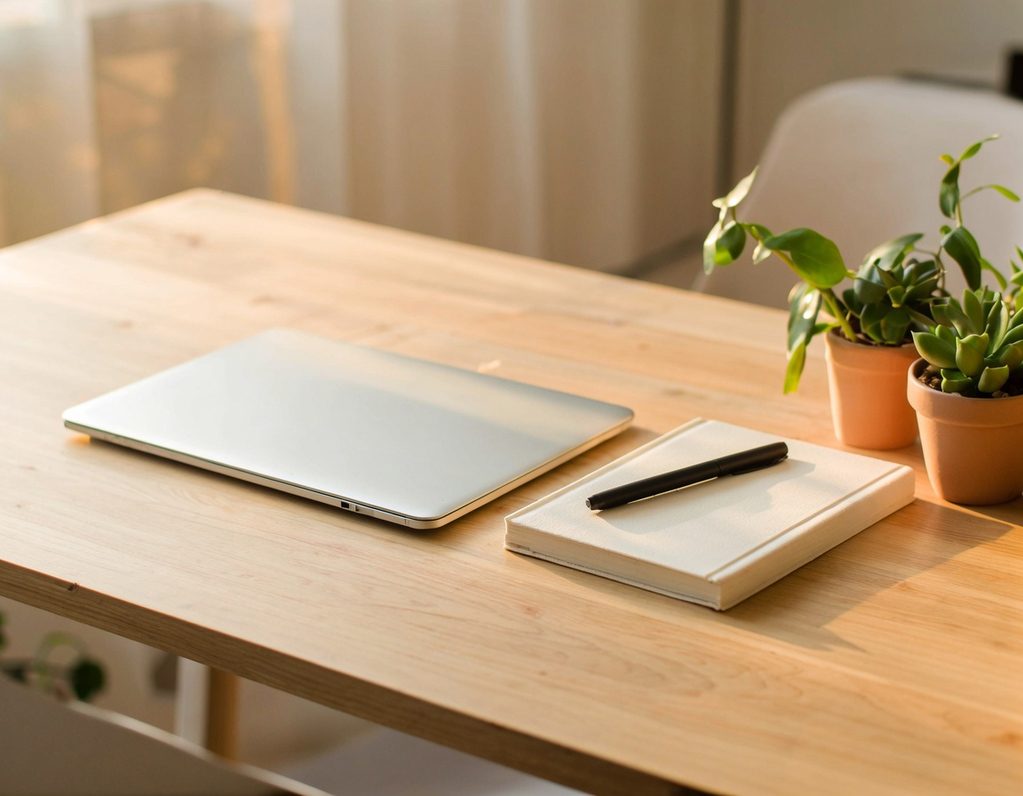 Laptop, notebook, pen, and potted plants on a wooden table.