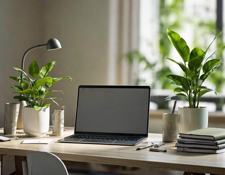 A modern laptop on a desk with plants and a lamp, surrounded by natural light.