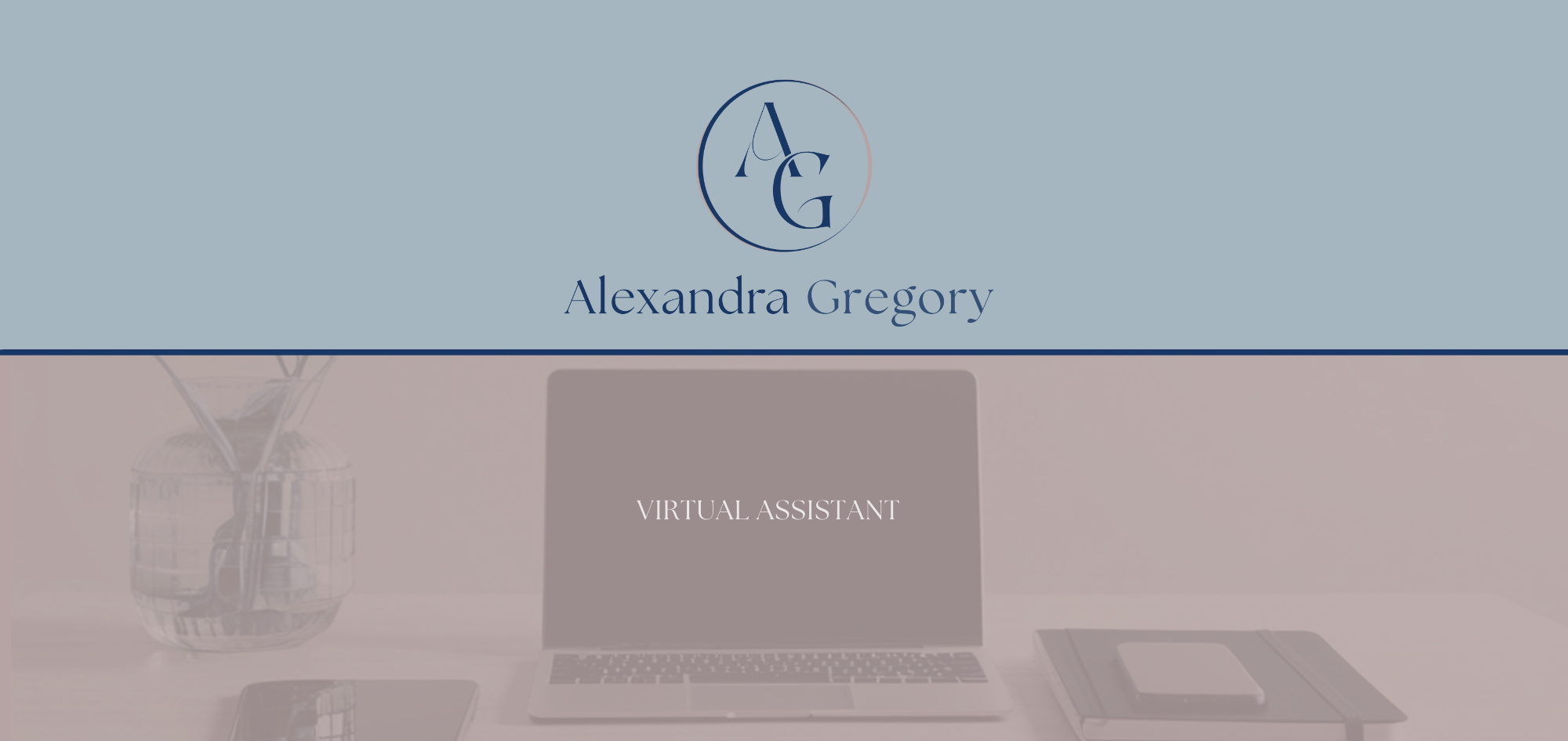 Logo of Alexandra Gregory with a laptop and plant in a modern workspace setting.