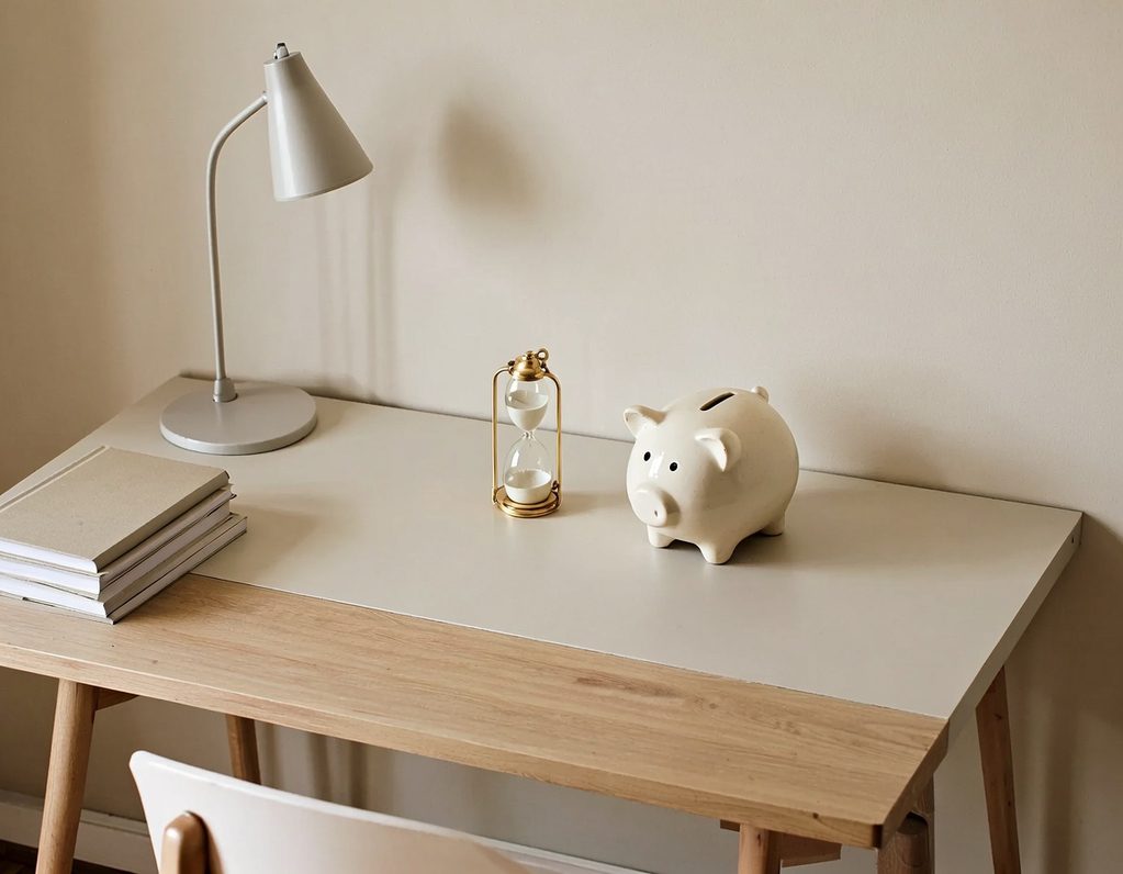 A minimalist desk with a lamp, a piggy bank, and stacked notebooks.