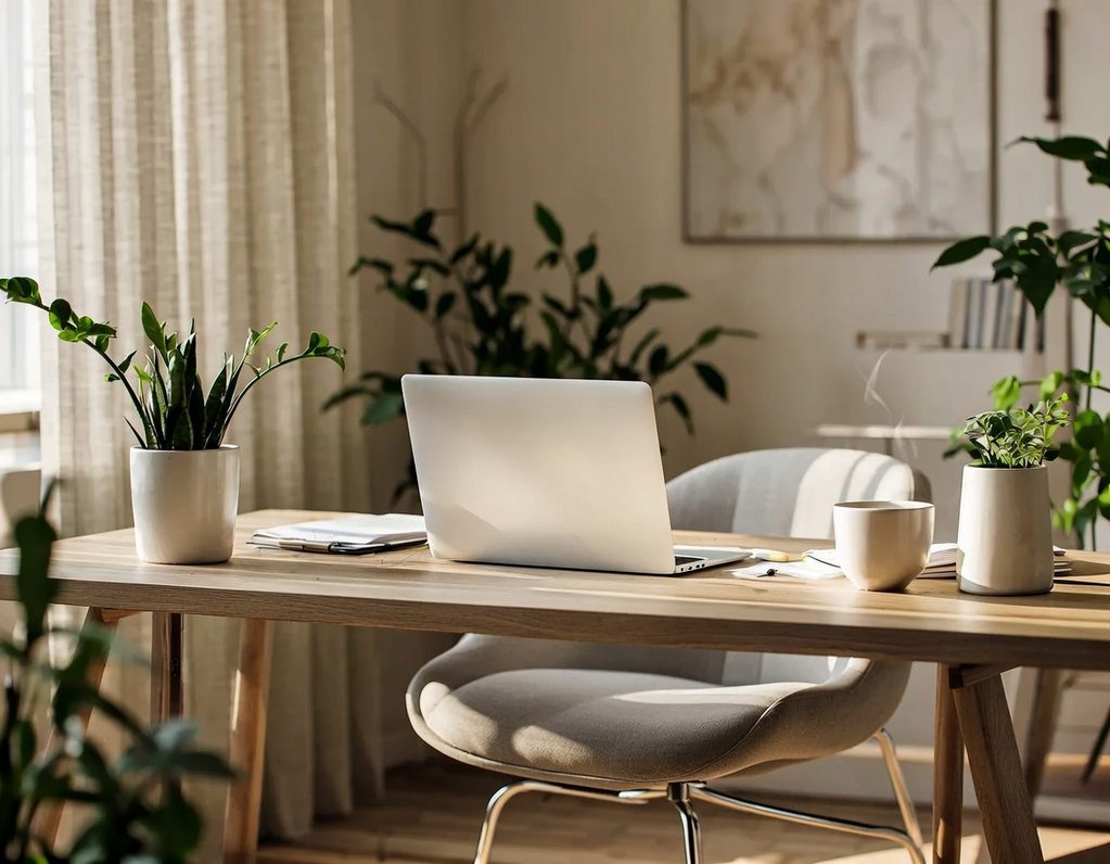 Bright workspace with a laptop, potted plants, and a coffee cup on a wooden desk.