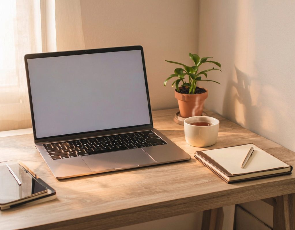 A laptop on a wooden desk with a plant, notebook, and coffee cup.
